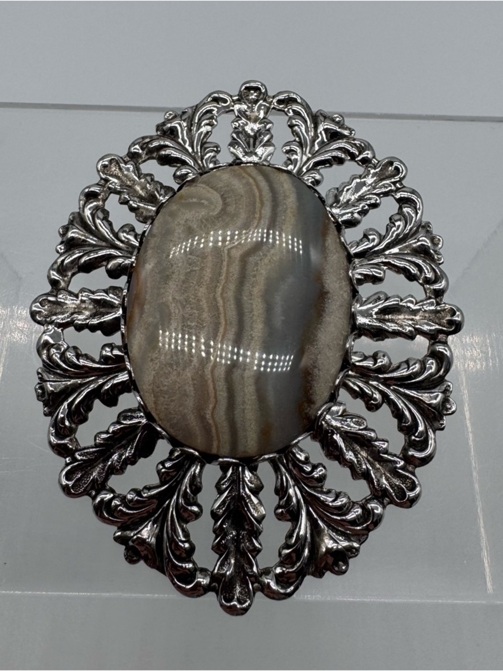 Natural Banded Agate Brooch Silver Tone Ornate Statement Pin Large